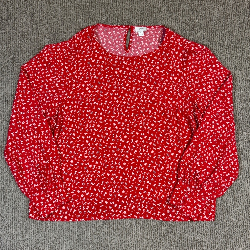 J Crew Factory Bishop Long Sleeve Floral Blouse Womens L Cottagecore Red White